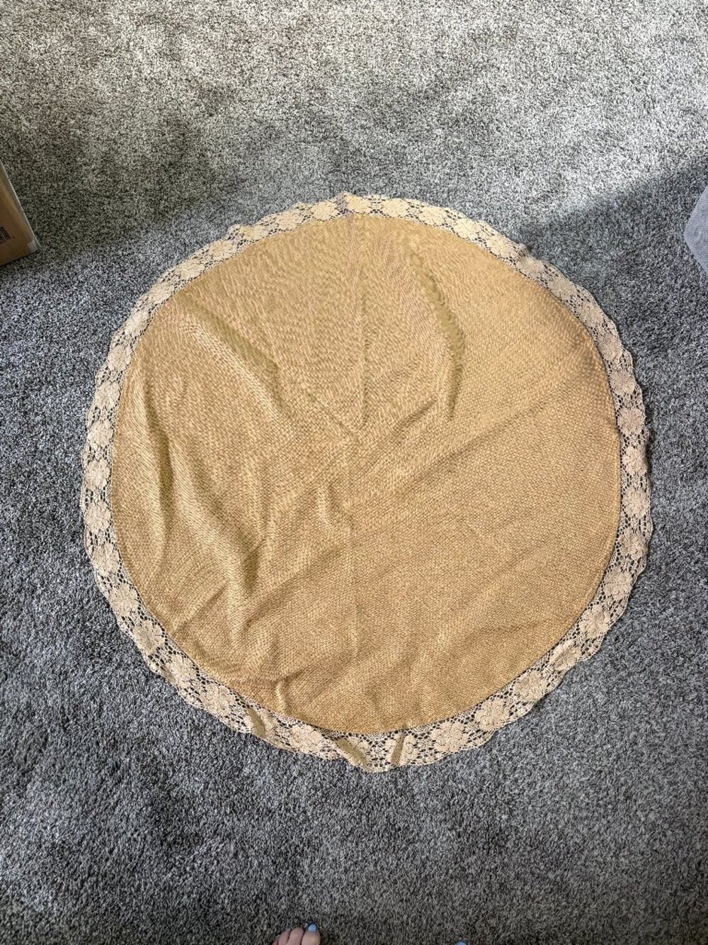VINTAGE - 46" Round Tablecloth, Gold Woven with Lace